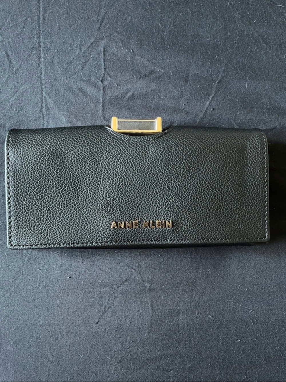 Anne Klein Black Pebbled Leather Wallet with Gold Accents